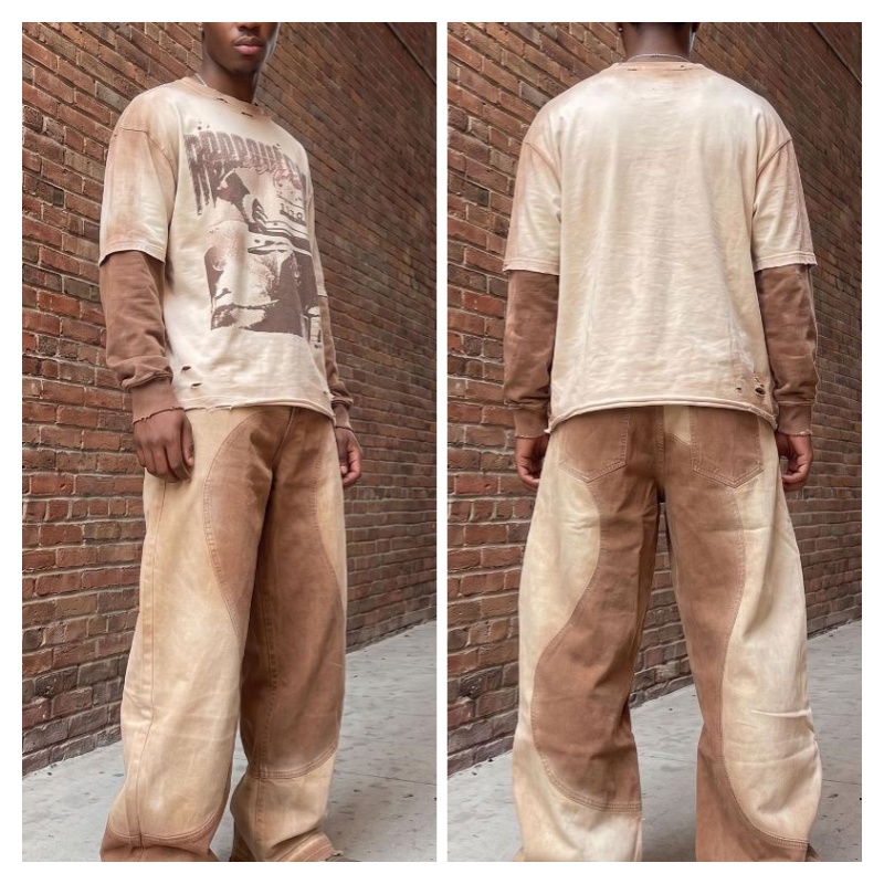 Mens High Waist Baggy Wide Leg Jeans Vintage Washed Two Tone Curved Spliced Detail Button Closure Relaxed Silhouette Street Fashion Denim Trousers W
