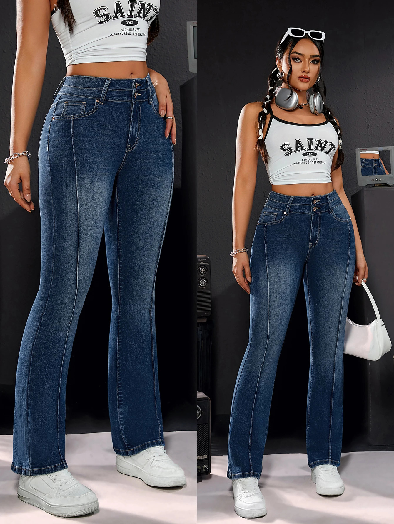 Women's High-Waisted Stretch Denim Trousers Double Button Detail Comfortable Fit Straight Leg Jeans 260922
