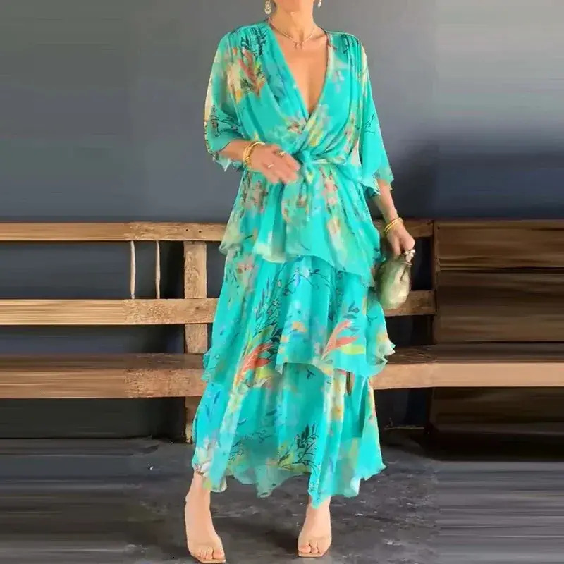 Women Casual Dress Women Casual Dress Ladies Elegant V Neck Lace Up High Waist Long Fashion Everyday Pattern Printed Short Sleeved Summer everyday L