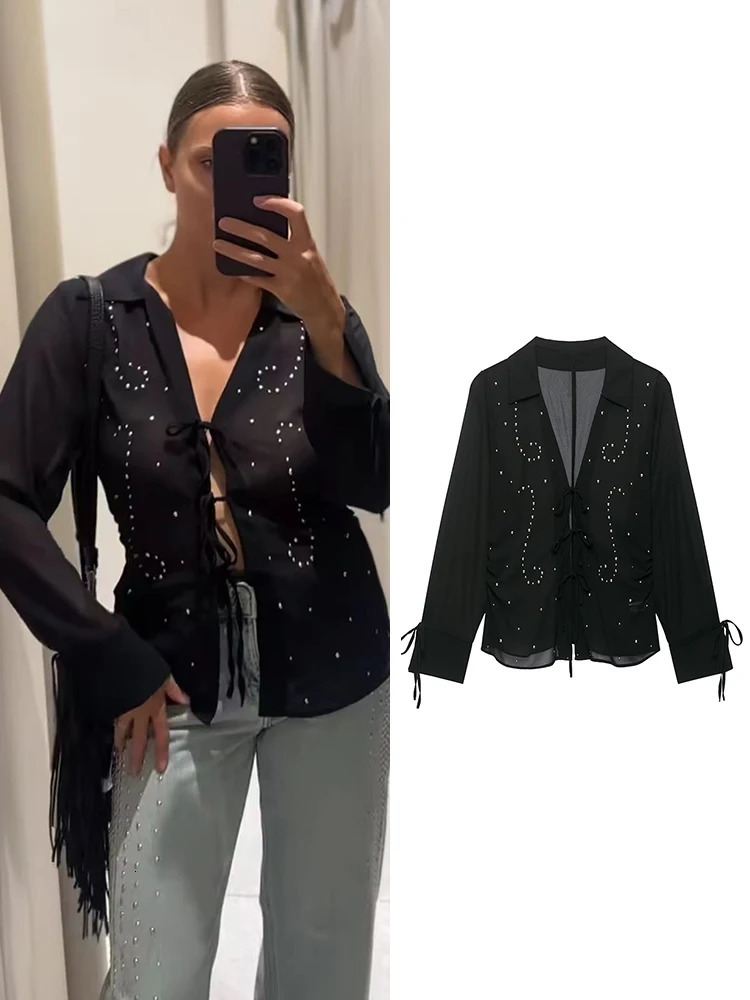 TFMLN Womens Studded SemiSheer Shirt 2026 Summer VNeck Long Sleeve with Bow Lace Up Fashion Blouses Sexy Female Tops 260924