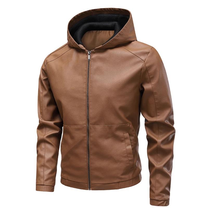 Men Slim Fit Hooded Faux Leather Coat Full Zipper Design Long Sleeve PU Jacket Classic Street Style Windproof Casual Outerwear