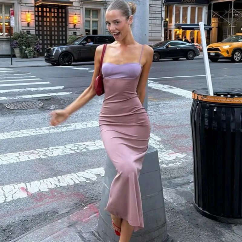 Ticketsx Sexy Vintage Patchwork Long Dress Summer Contrast Backless Sling Womens Dress Elegant Streetwear Vacation Vestidos 260924