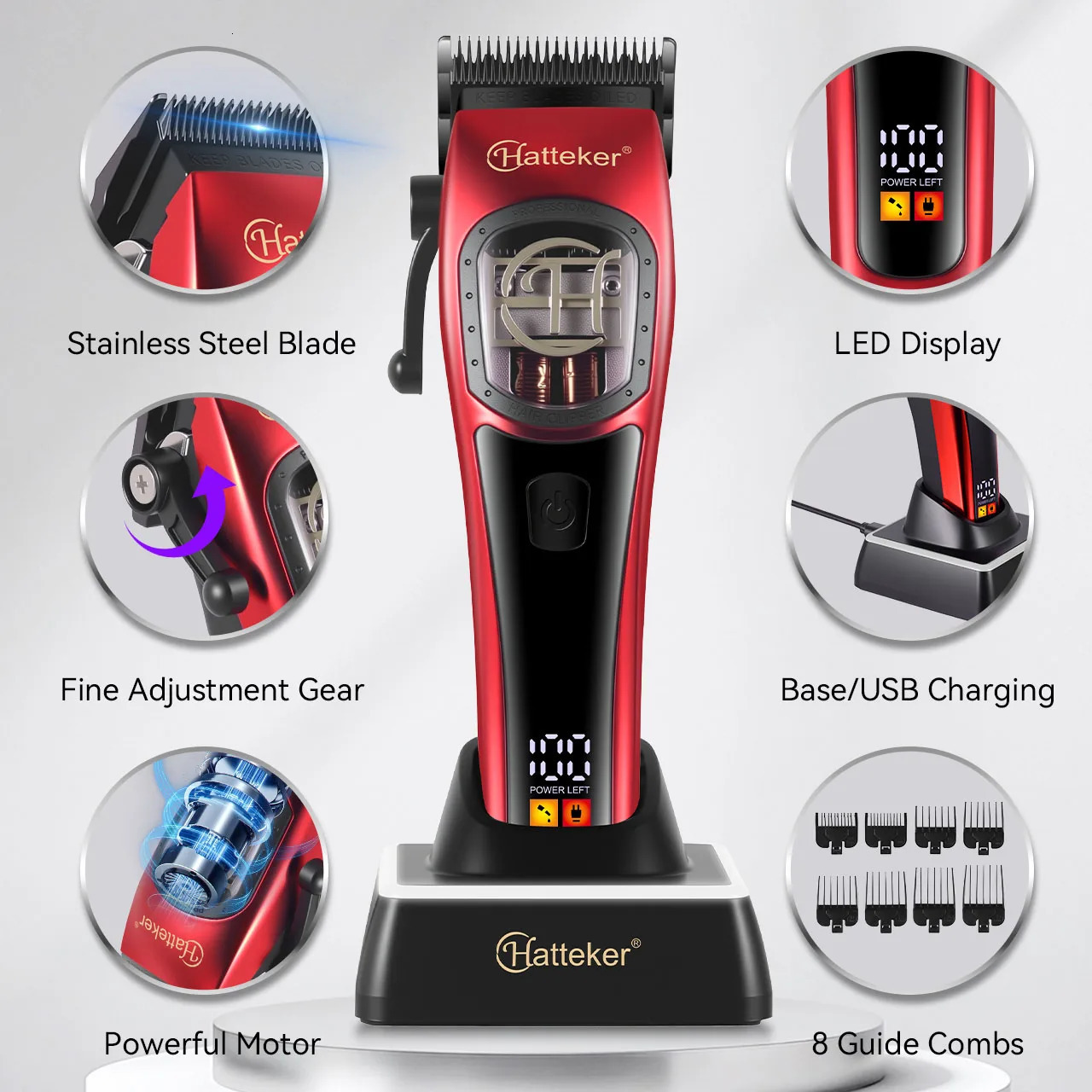 HATTEKER Professional Hair Clippers High-Speed Magnetic Levitation Motor Long Battery Life with Charging Base 260918