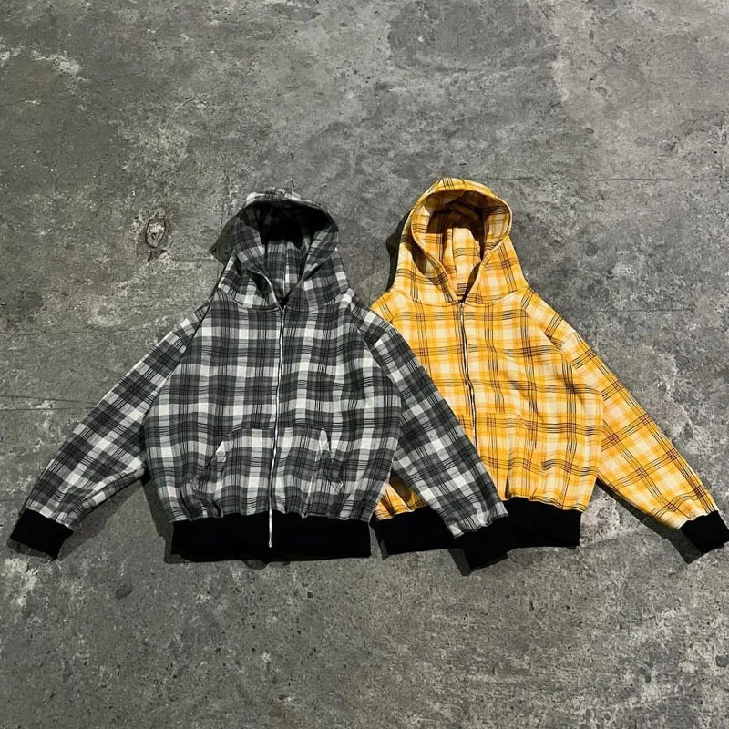 American Retro Reversible Plaid Zipper Hoodie Sweatshirt Womens Casual Lining Y2K Street Style Winter 2026 260924