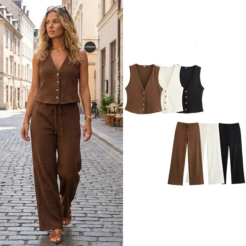Willshela Women Fashion 2 Piece Set Solid Single Breasted Tank Tops Vintage HIgh Elastic Waist Pants Female Chic Pants Suit 260922