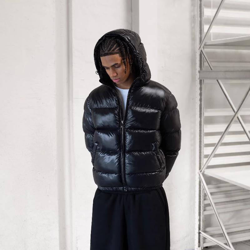 Men Shiny Hooded Puffer Jacket Full Zip Quilted Winter Coat Adjustable Drawstring Hood Ribbed Cuff Hem Warm Windproof Casual Outerwear