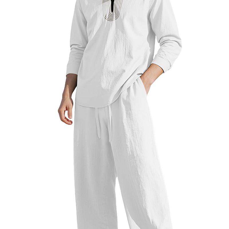 Ensemble deux pièces en lin léger pour hommes, haut à manches longues brodé de Style Henley et pantalon à jambes larges avec cordon de serrage, c