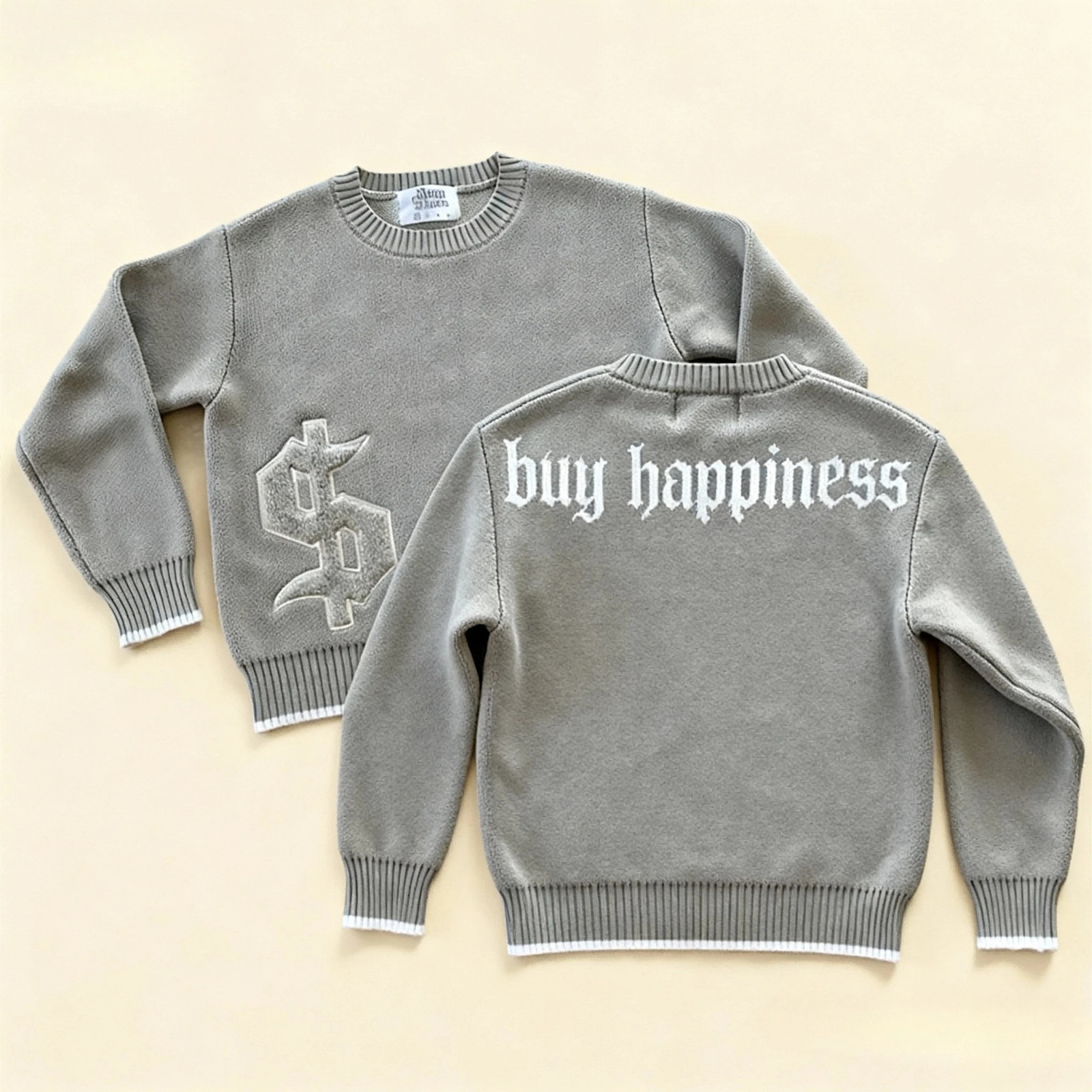 Y2K Round Neck Gray Money Pattern Embroidery Knitted Sweater Fashion Retro Harajuku Pullover Autumn Winter Warm Men Clothing 260920