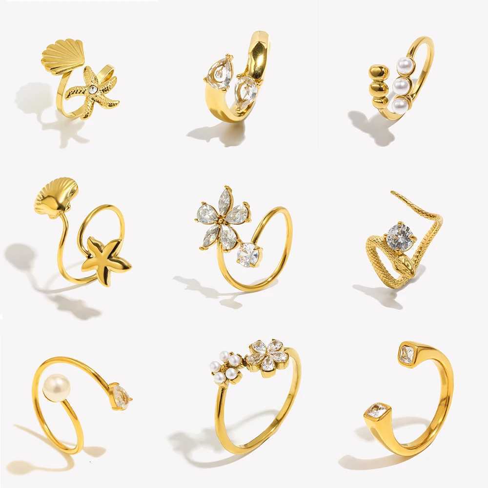 Clear Band Rings E.B.belle Heart Zircon Flower Pearl Double Snake Heads Open Ring 18K Gold Plated Stainless Steel Party Women Jewlery N260924