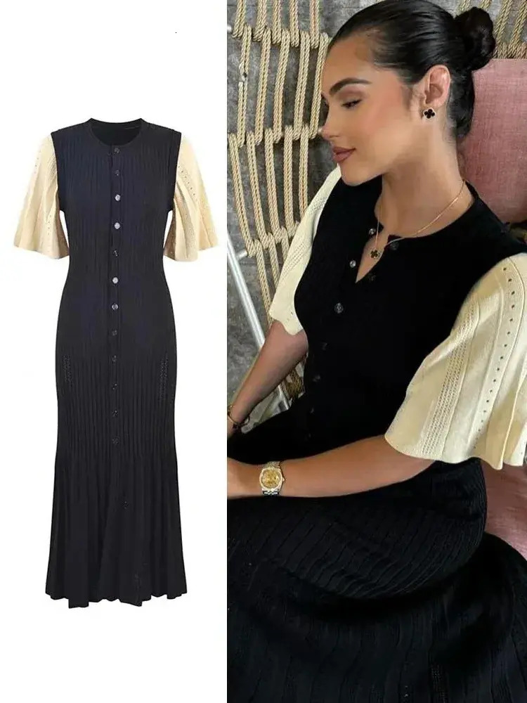 Women Casual Dress Women Casual Dress Chic Patchwork Knitted Maxi For Elegant Everyday Short Sleeve Hollow Out Everyday Ribbed Long Dresses O Neck H