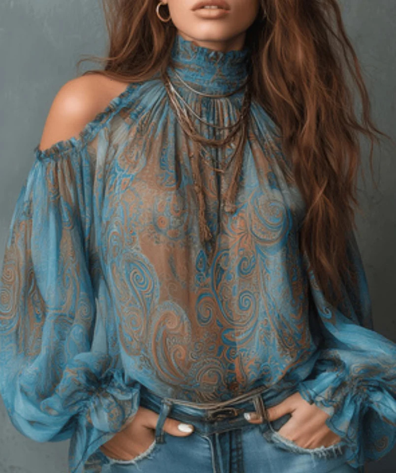 Boho Paisley Print Chiffon Top Women Sexy Off Shoulder Flared Sleeve Blouse Retro 70s Fairycore Shirts 260924