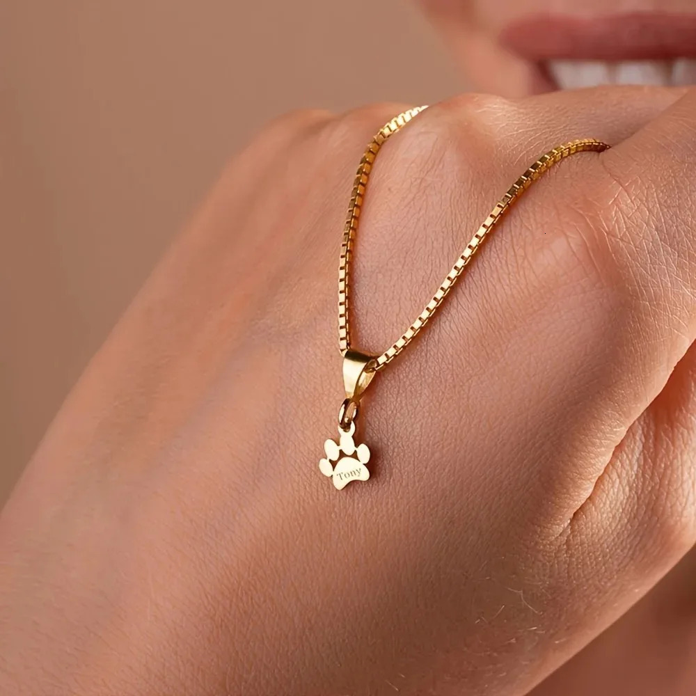 Custom Name Necklace Personalized Paw Necklace Box Chain Stainless Steel Lovely Cat Dog Paw Pet Necklace Jewelry Gifts for Women260918