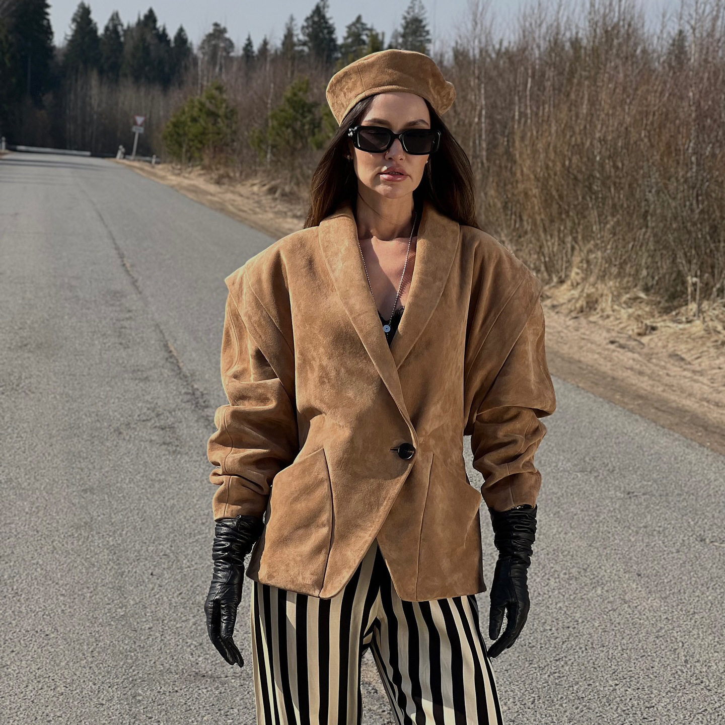 Suede-textured padded shoulder blazer, loose fit autumn winter, exudes elegance, vintage style, and trendy fashion for women