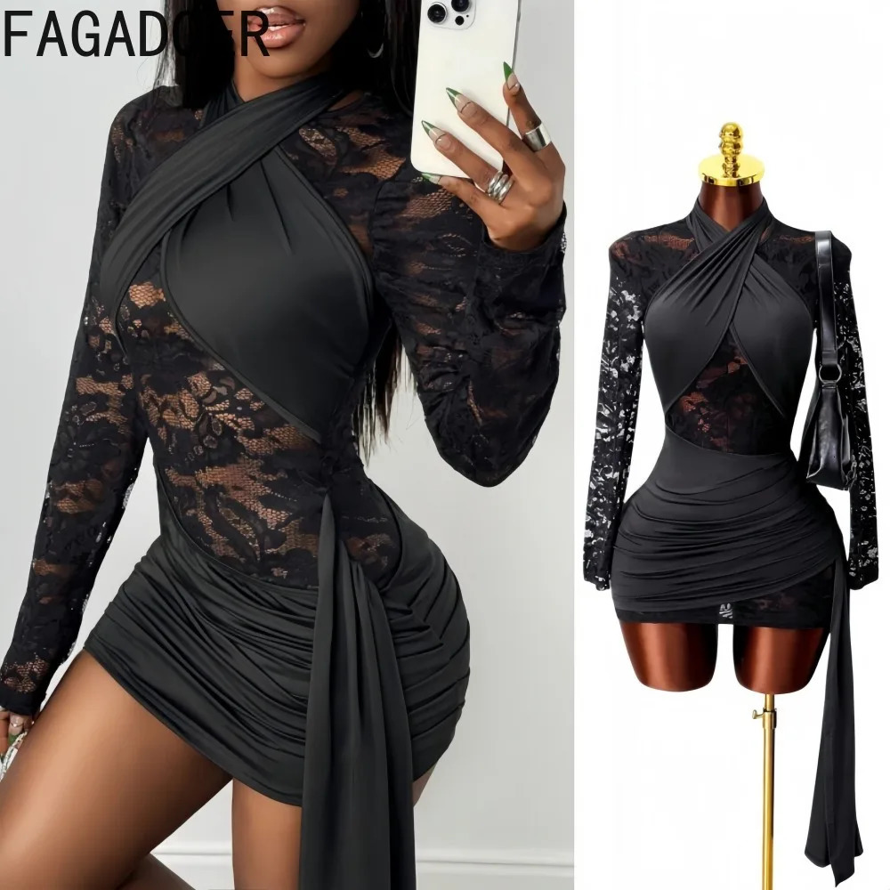 FAGADOER Sexy Lace Ruched Patchwork Bodycon Dresses Women Solid See Through Long Sleeves Dress Female Streetwear Vestidos 260924