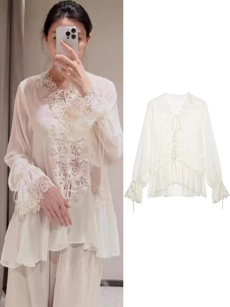 TFMLN Womens Seethrough Shirt Lace Up Hollow V Neck Flare Long Sleeve Thin Blouse 2026 Summer Lady Elegant Loose Fit Top 260924