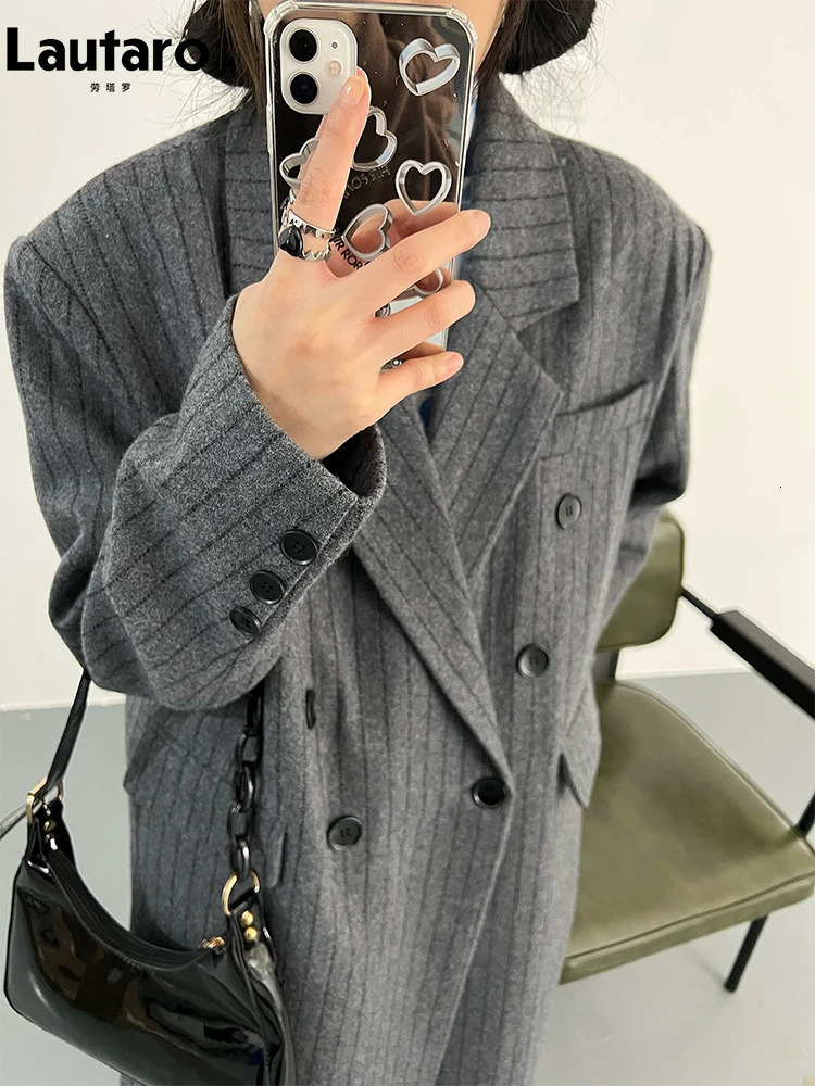 Lautaro-Striped Woolen Coat for Women Long Loose Overcoat Double Breasted British Style Casual Fashion Autumn and Winter 260920