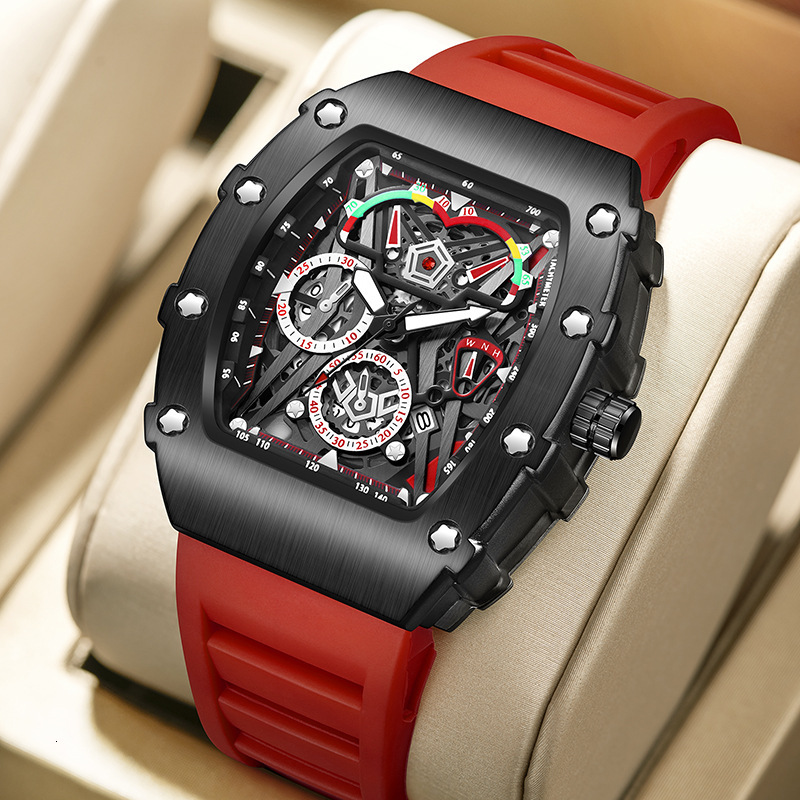 Luxury Sport Men Watch Skeleton Tonneau Multi-function Quartz Black Case Red Silicone Strap Luminous Waterproof Racing Wristwatch
