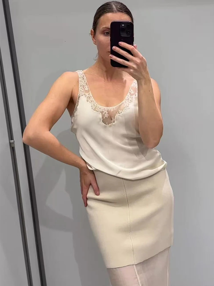 Womens Vest Lace Patchwork Vneck Sleeveless Top Spring 2026 Sexy Backless Tank top Sexy Solid Fashion Elegant Vests 260924