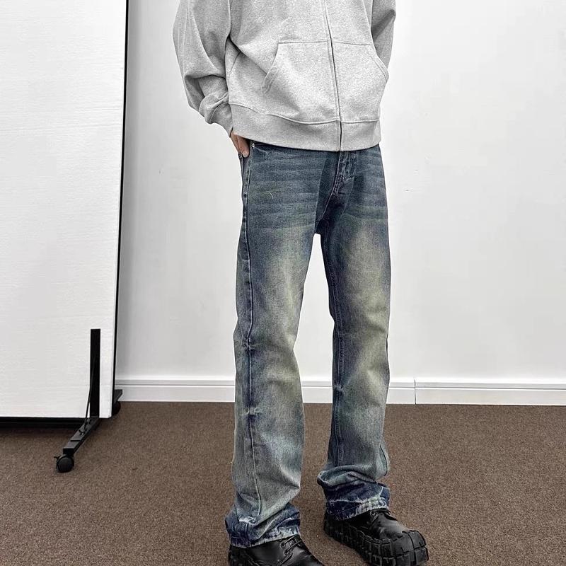 Men Relaxed Bootcut Jeans Vintage Faded Wash Mid Rise Denim Trousers Classic Pocket Design Casual Daily Streetwear Long Pants