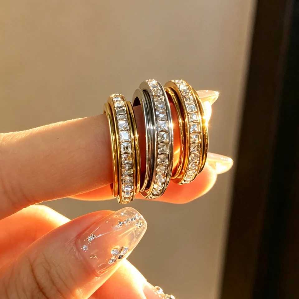 Sliver ZAKOL Band Gold Rings Color Stainless Steel Square Zirconia Spinner Rings Anxiety Relief Fidget Rings For Women Men Jewelry Gift N260924