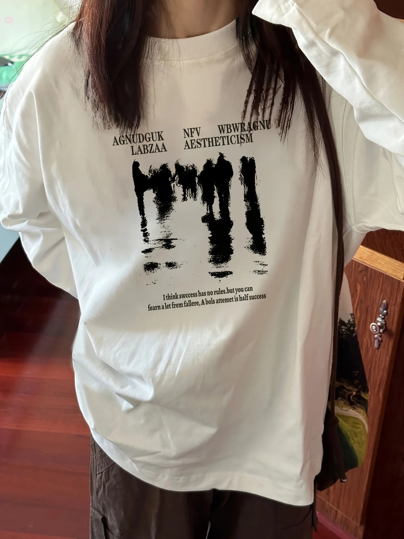 Retro Vintage Women 100% Cotton Long Sleeve T-Shirt Round Neck Letter Print Y2k Top Gothic T Shirt Fall Winter Tee 260920