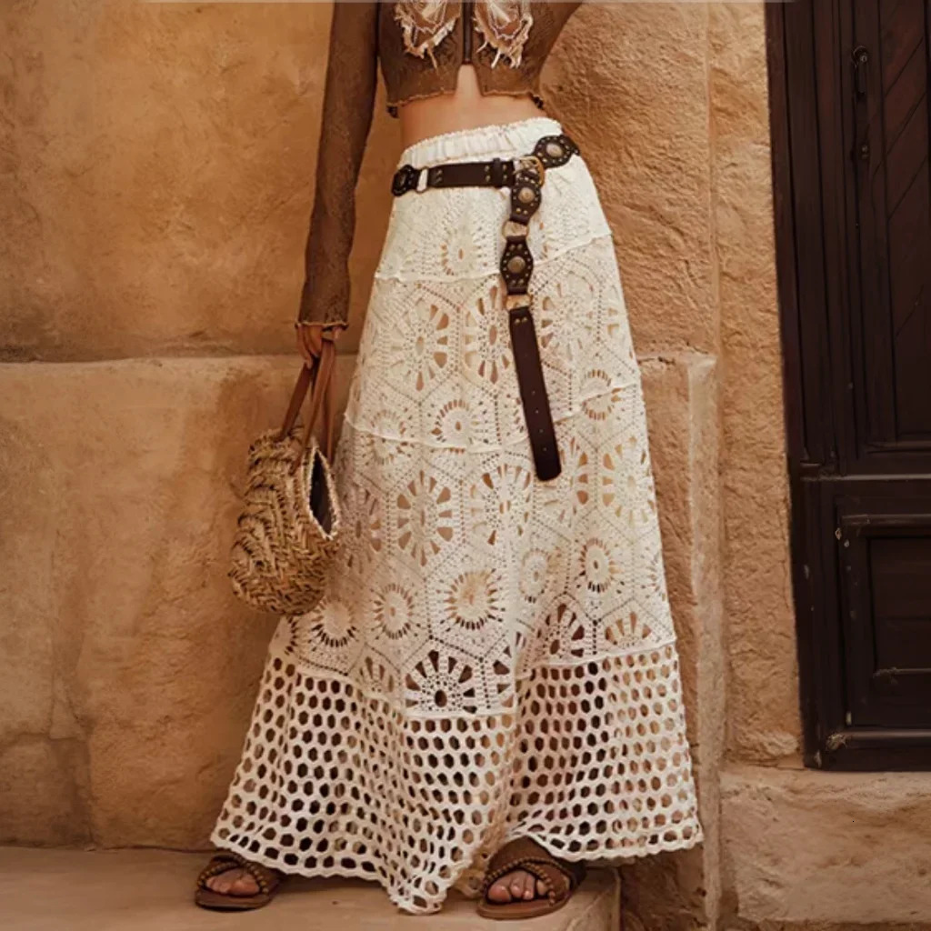 Cotton Floral Crochet Knitted Lace Skirt For Women Vintage Hollow Out Elastic Waist Skirts Summer Holiday Long Boho Beach Falda 260923