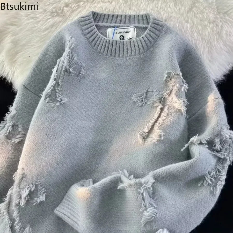 Street Style Broken Holes Sweaters for Men Autumn Winter Thick Knitted O Neck Pullovers Vintage Casual Couple Sweater Coats 260920