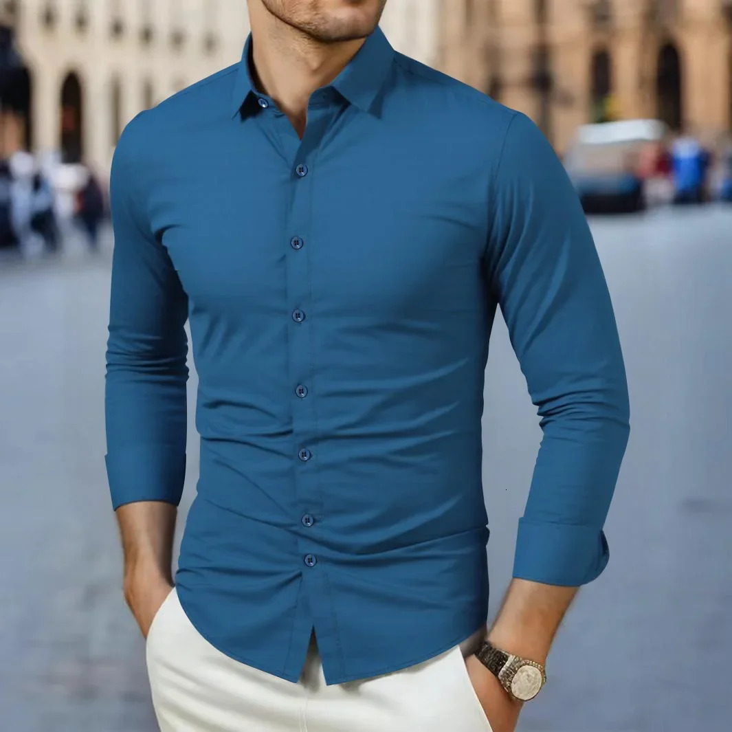 Men's Business Casual Long Sleeved Solid Color Shirt Wrinkle Resistant Wrinkle Free Comfortable All Season Versatile Top 260922
