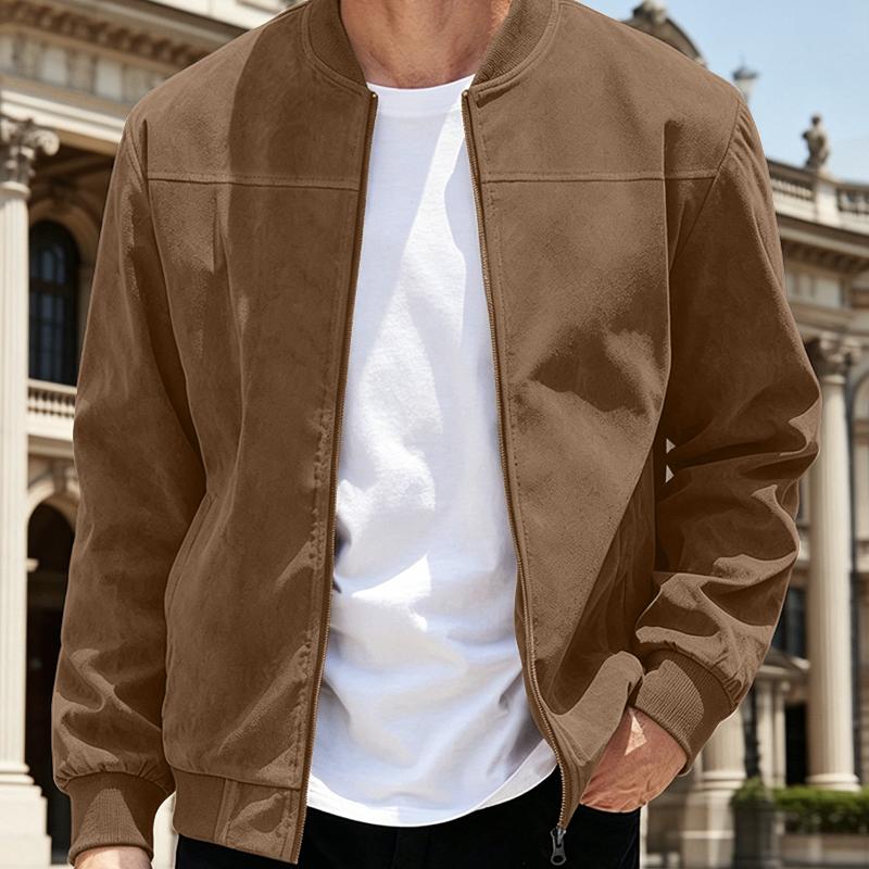 Men Zip Up Bomber Coat Suede Texture Stand Collar Long Sleeve Outerwear Side Pockets Loose Fit Casual Daily Streetwear Jacket For Men