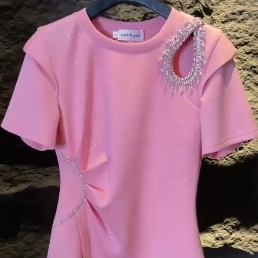 Women T-Shirt Luxury Brand Designer Clothes Plus ladies Size Irregular Hollow Out Off Shoulder Rhinestone Fashion Waist Slimming Short Sleeve T Shir