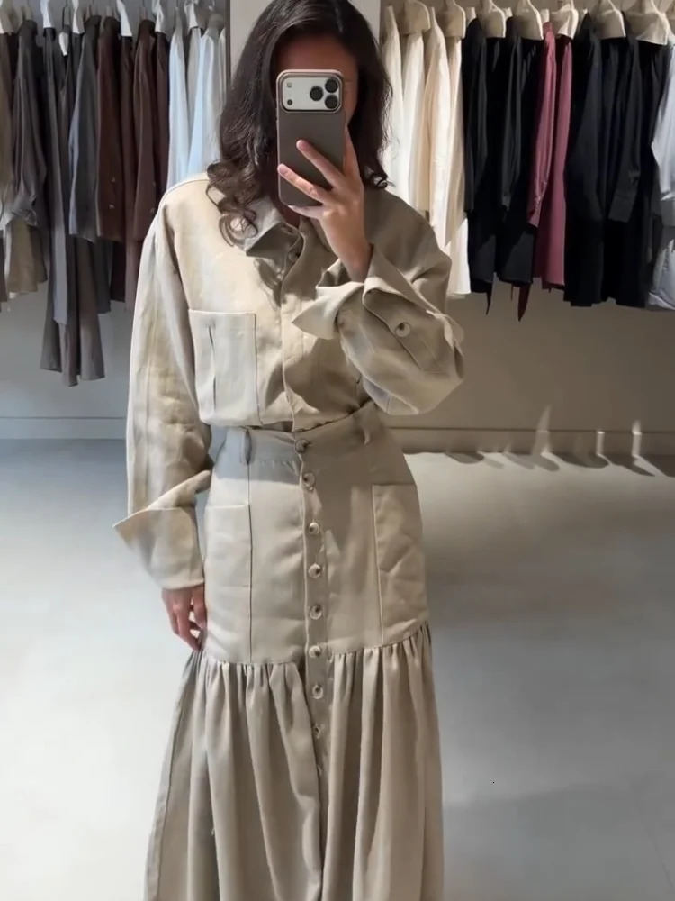Fashion Solid Womens Suit Lapel LongSleeved SingleBreasted Tops High Waist Pleated Long Skirt Casual 2026 Street Wear 260922