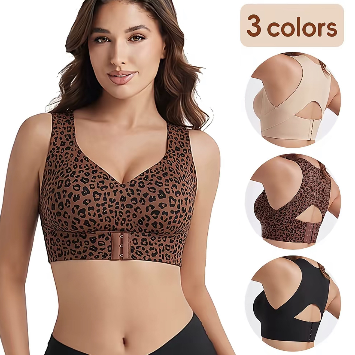 Soutien-gorge à fermeture avant imprimé léopard, sans fil, support de levage, façonnage du dos, larges bretelles, soutien-gorge de sport fin et h