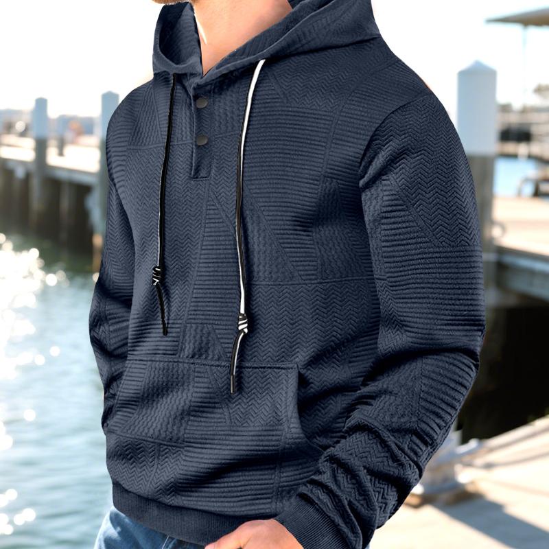 Sweat-shirt à capuche avec cordon de serrage réglable pour hommes Texture Chevron Style Henley Col boutonné Pull à manches longues Poche avant Ha