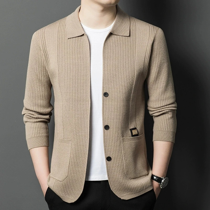 High-Quality Men's Knitted Cardigans Solid Color Simple Business Lapel Knitwear Coat Man Autumn Long Sleeves Sweater Jacket 260920