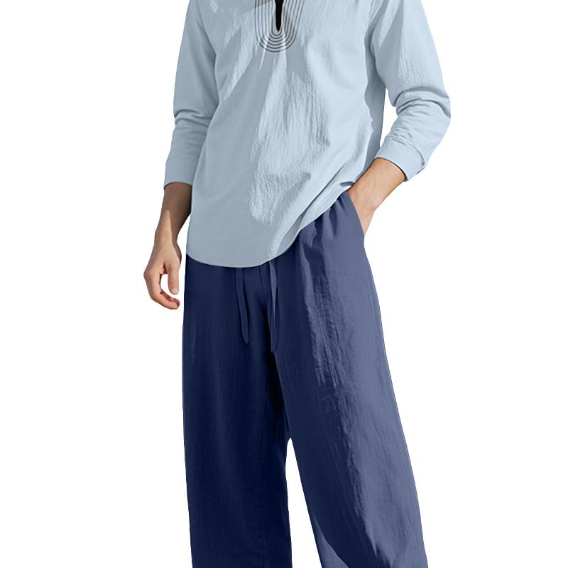 Costume Deux Pièces Vintage en Lin Brodé pour Hommes Hauts Henley à Manches Longues Et Pantalon Ample à Cordon De Serrage Tenue De Vacances Quoti