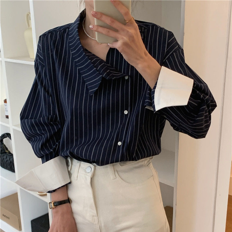 Chic Early Spring Women's Shirt Long Sleeve Striped Color Block Single Button Neck Design Korean Style Commute Fashion
