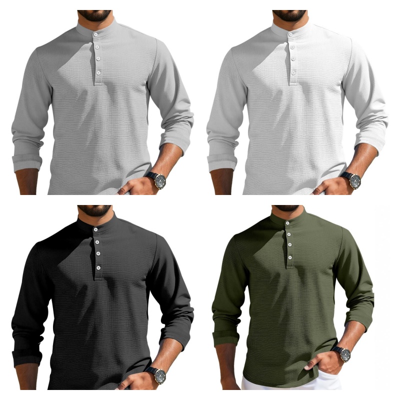 Hommes à manches longues en tricot gaufré Henley hauts col montant patte de boutonnage pull chemise doux respirant décontracté quotidien chemises