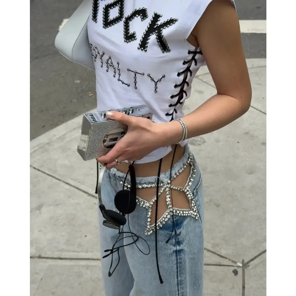 American Style Y2K Retro Brick Inlaid Hollow Decoration Blue High Waisted Street Hip-hop Wide Leg Harajuku Loose Women's Jeans 260920
