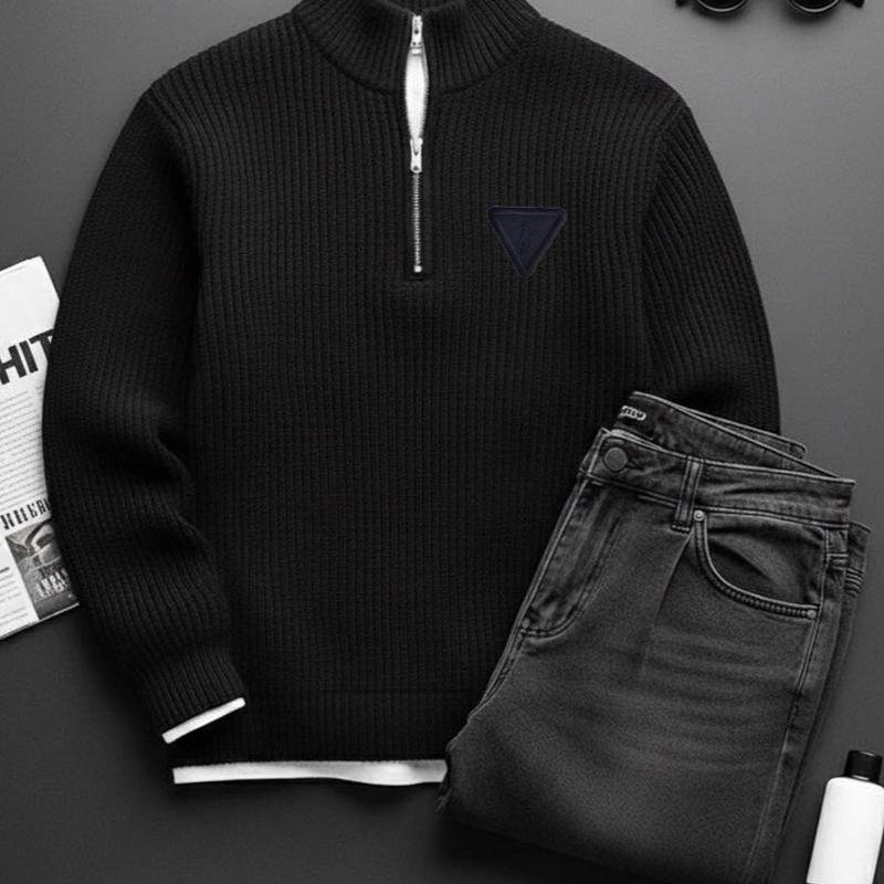 Pull en tricot à col montant pour hommes, pull à manches longues en tissu gaufré texturé avec détail d'insigne triangulaire, tricot d'affaires qu