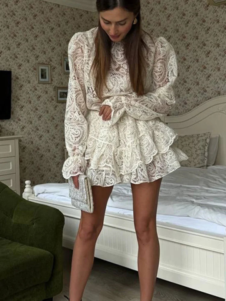 Solid Lace Hollow Out Mini Skirt Set Women Elegant Stand Collar Long Sleeve Shirt Suit 2026 Spring Fashion Commute Lady Outfits 260922