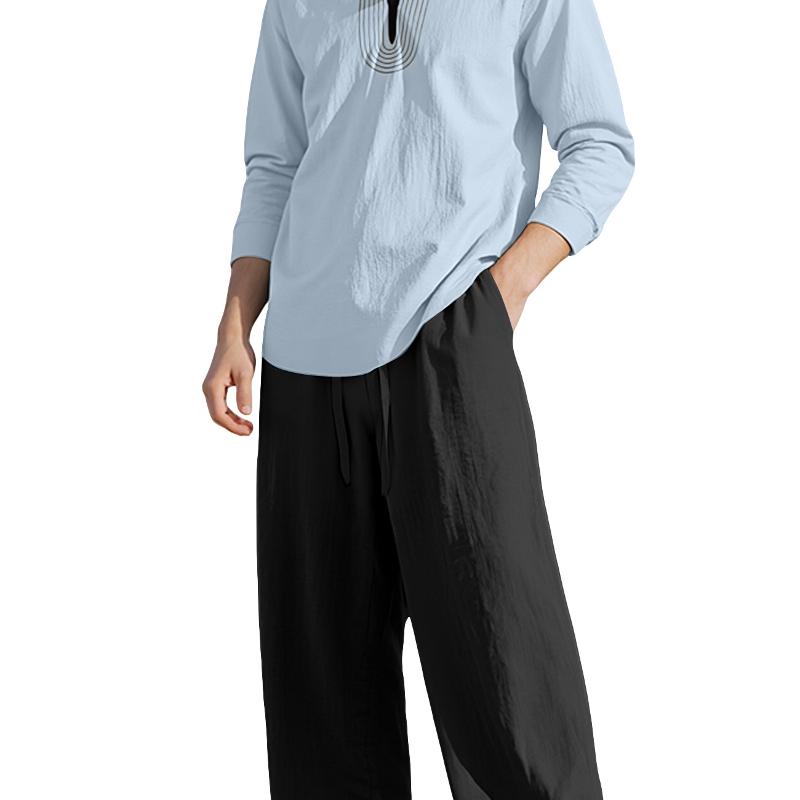 Chemise en lin brodée à col Henley pour hommes et pantalon à jambe large avec cordon de serrage, tenue 2 pièces légère et respirante, survêtement