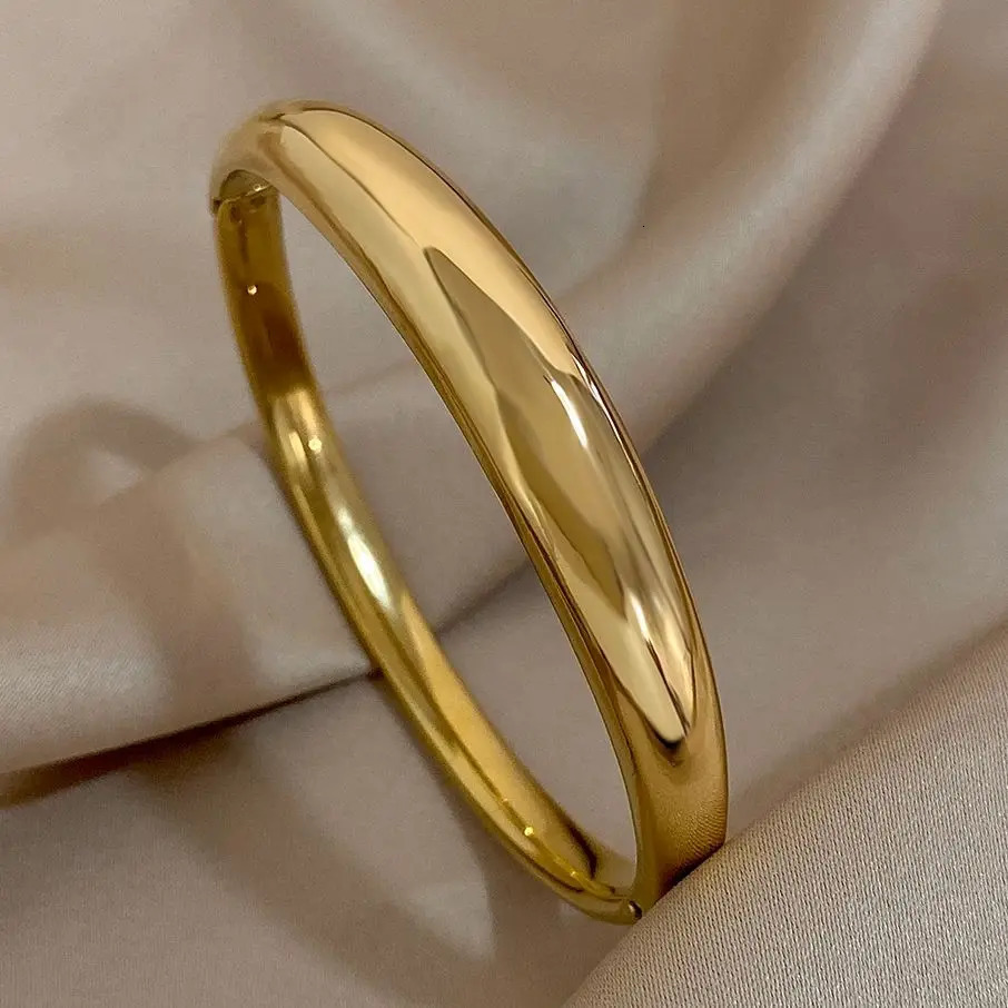 Minimalist Smooth Chunky Cuff Bangles for Women Stainless Steel Gold Silver Color Round Circle Bracelets Waterproof Jewelry 260922