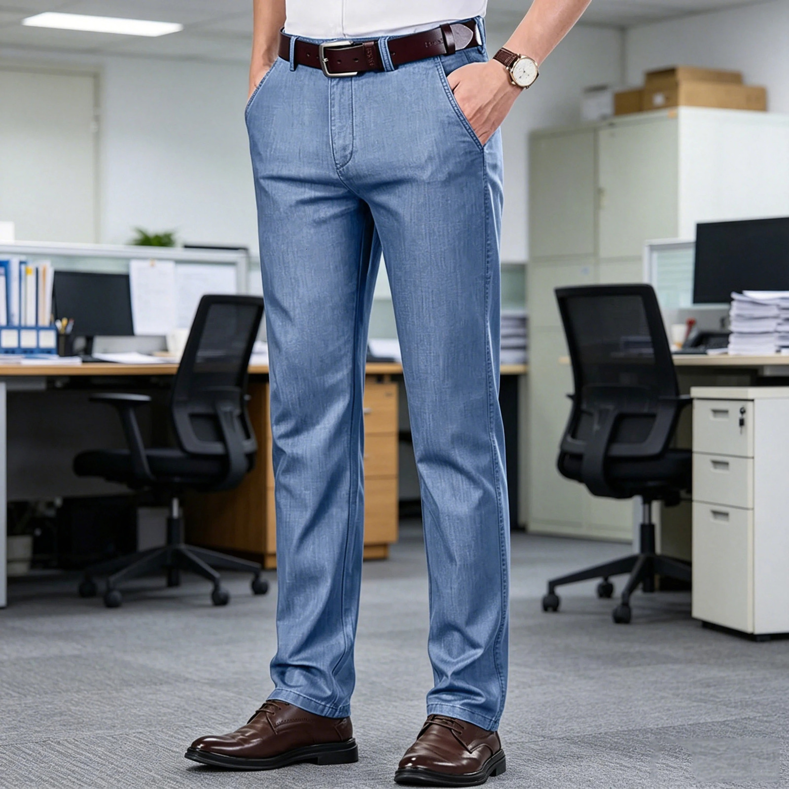 Men's Jeans Straight Leg Denim Pants High Waist Loose Fit Suit Trousers Business Office Formal Casual Men's Dress Pants Summer 260922