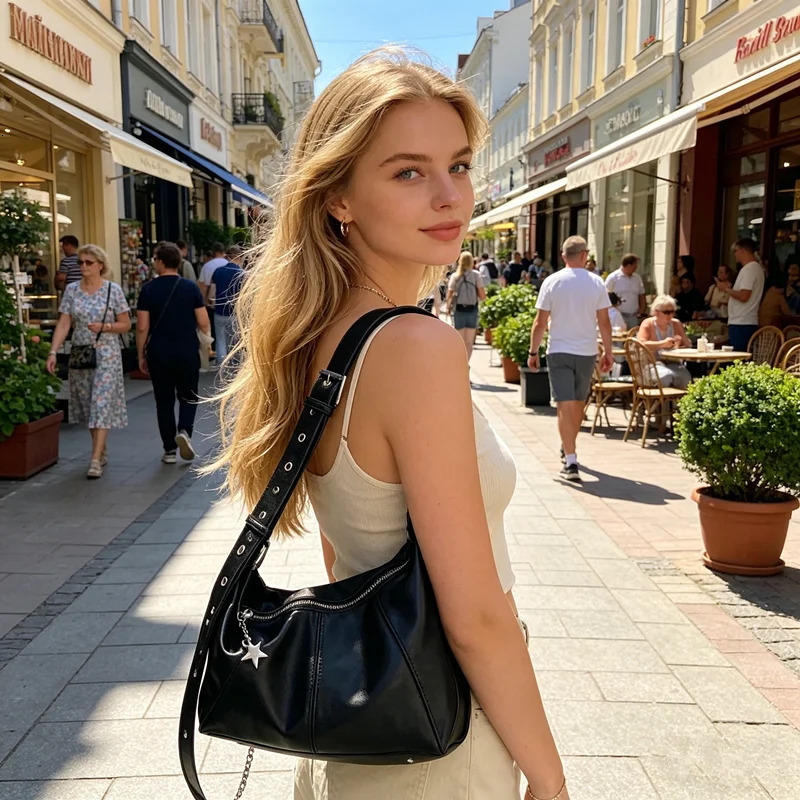 Y2K Star Charm Black Leather Shoulder Bag Retro Ruched Hobo Bag with Adjustable Strap Casual Crossbody Purse for Daily Use 260924