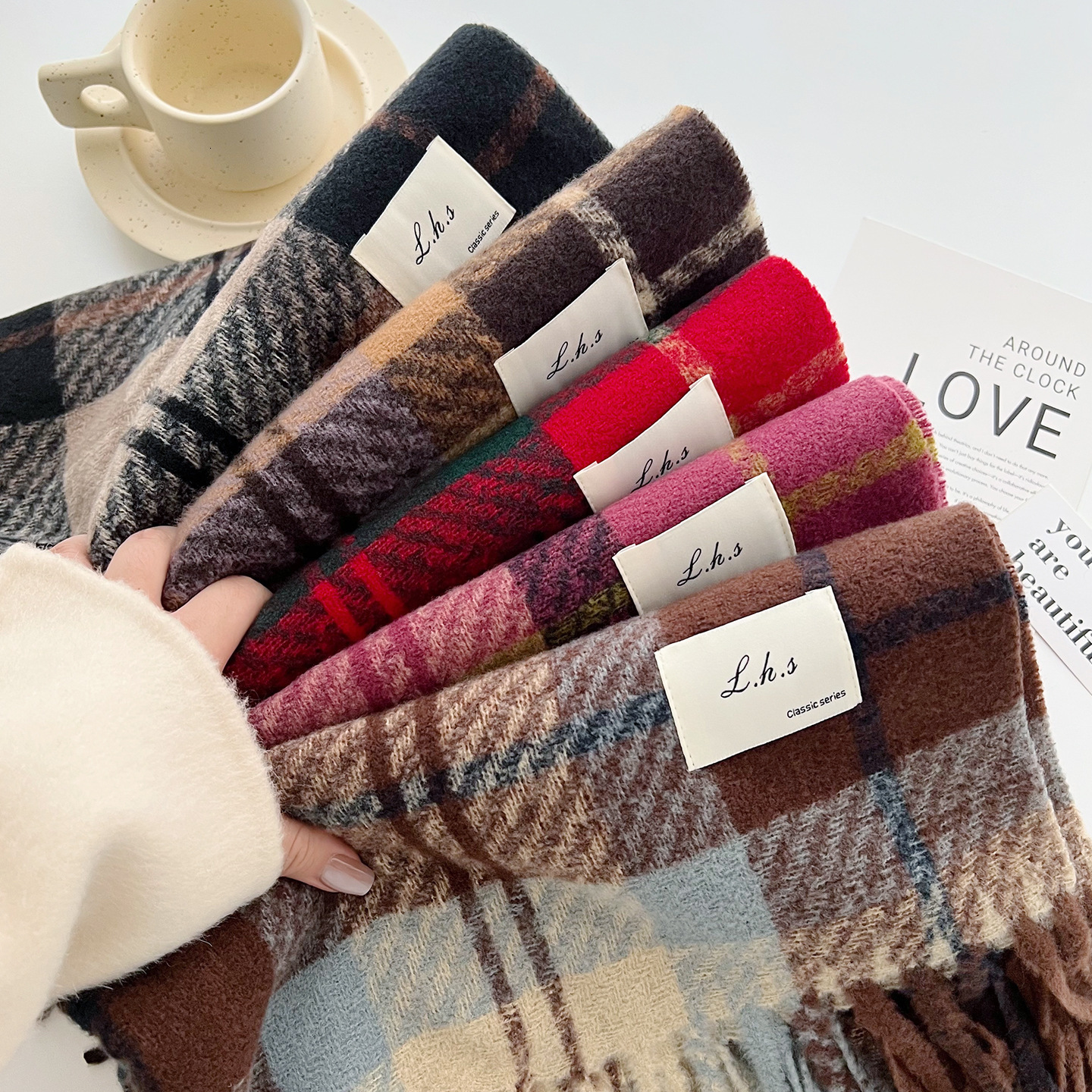 Korean Style Retro Plaid for Women Winter Imitation Cashmere Long Thick Warm Neck Warmer Versatile Trendy Scarf