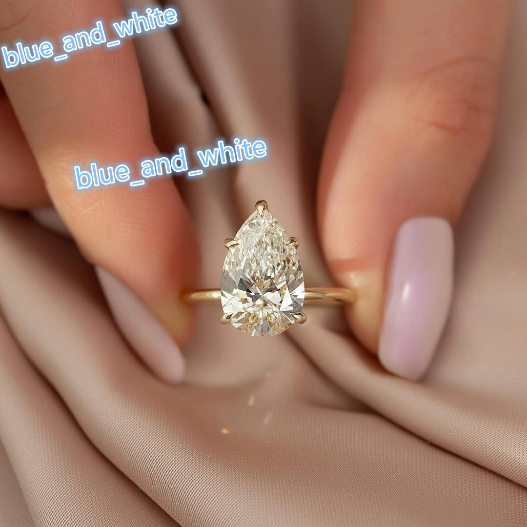 Custom 14k 18k Yellow Rose Gold Moissanite Diamond Wedding Rings 7x11mm 3ct Pear with Classic Five Claws Fine Jewelry