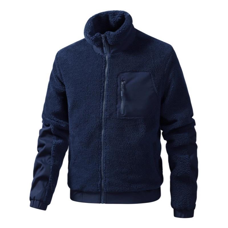 Men Warm Sherpa Fleece Stand Collar Jacket Contrast Patchwork Design Zip Pocket Detail Long Sleeve Full Zip Front Casual Daily Outer Coat
