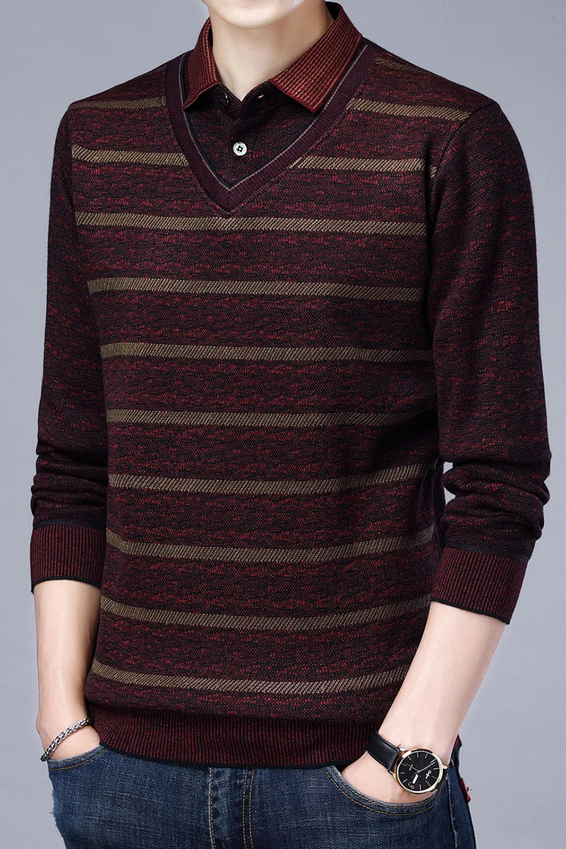 Spring Autumn Men's Single-Sided Two-Piece Long-Sleeved T-Shirt Lapel Button Stripe Business Casual Urban Style Men's Wear 260923
