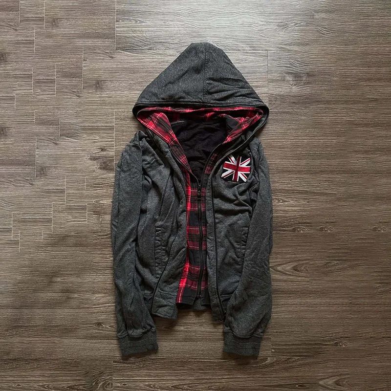 2026 Autumn Winter Womens Vintage Punk UK Flag Embroidery Plaid Lined Two Piece Full Zip Up Hoodie Y2K Sweatshirt 260924