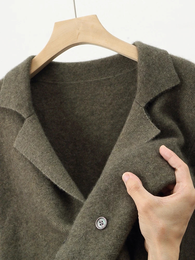 100% Merino Wool Sweater Men's Suit Collar Cardigan Smart Casual Knitwear Autumn Winter Cashmere Solid Coat Pockets Clothing Top 260920
